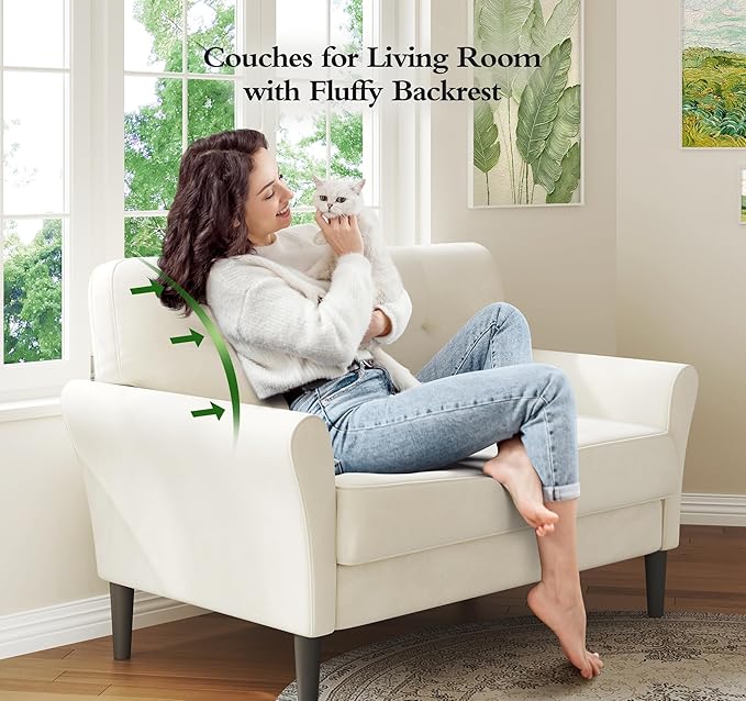 Small Sofa Couch, 48" Loveseat Sofa, Soft Velvet Love Seat Couches, Small Couch for Bedroom with 21" Deep Seat, Comfy Couches for Living Room, Tool-Free Setup Sofas for Living Room, White