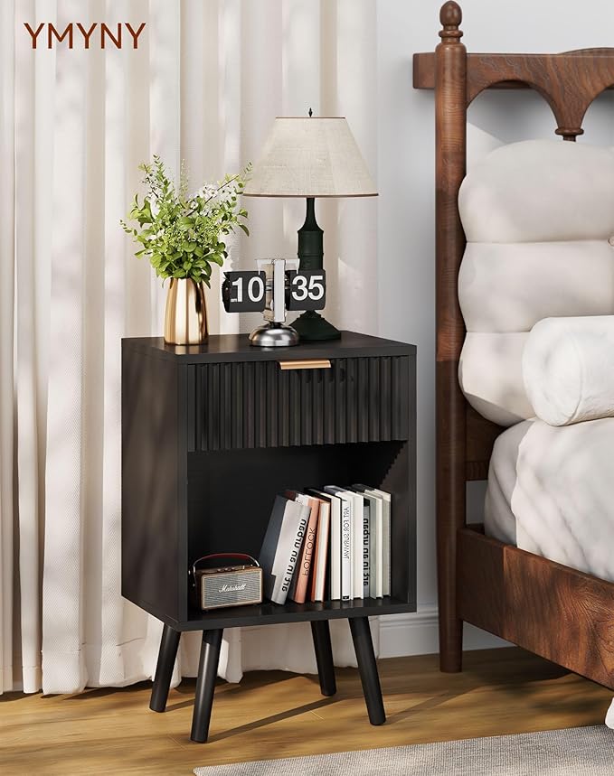 YMYNY Mid Century Modern Nightstand, Side Table, Fluted Night Stand with Drawer, Open Shelf Unit, Golden Handle, Solid Wood Legs, Bedside Table, for Bedroom, Black UHST013B