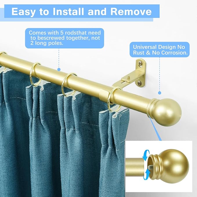 Curtain Rods for Windows 16 to 76 Inches, Curtain Rod Max Adjustable Length of 88 IN, 6/8" Diameter Drapery Rods Round Finials, Warm Gold, Pack of 2