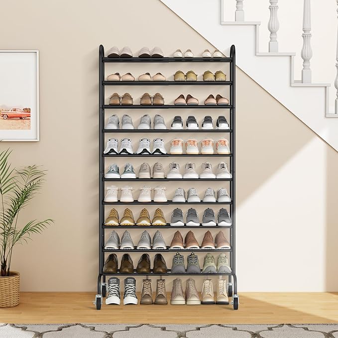 STORAGE MANIAC Expandable Shoe Rack, 44 Pairs Stackable Small Shoe Rack, Metal Adjustable Shoes Organizer for Closet, Entryway, Hallway, Garage, Front Door, Shoes Shelves, Black 10 Tier