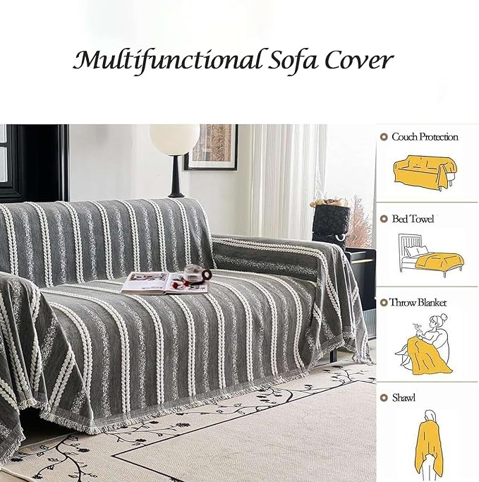 Couch Cover for Dogs Washable Sofa Cover, Sectional Couch Covers, Sofa Covers for 2 Cushion Couch, Non Slip Stripe Sofa Slipcovers Furniture Protector, Couch Protector from Cat Claws, Grey,75''x118''