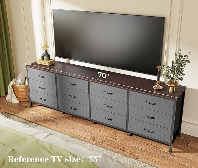 Huuger 70 Inch Dresser for Bedroom, TV Stand for 65, 75, 80 Inch TV, 12 Drawer Long Dresser, Large Storage Organizer Unit, Wide Chest of Drawer with Storage, Fabric Drawer for Living Room, Dark Grey