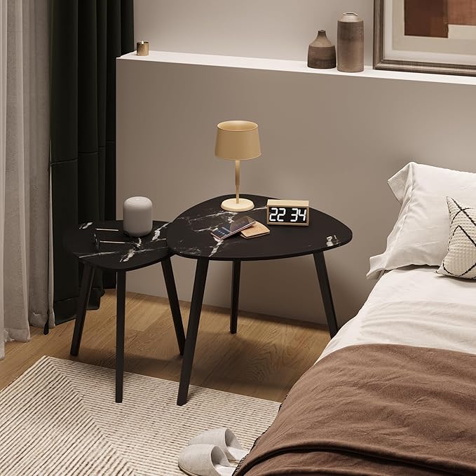 BAMEOS Bamboo Nesting Triangle End Table,Set of 2 Coffee Table Modern Minimalist Side Table for Living Room (Marble Black)
