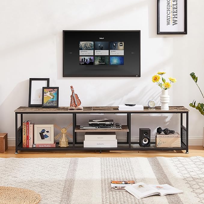 VECELO TV Stand for Televisions up to 80 Inch 70" Entertainment Center with Open Storage Shelves for Living Room/Bedroom, 3 Tiers Media Console Table Frame, 70 Inches, Brown+Metal