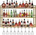 Metal Wine Rack Wall Mounted, Bar Shelves for Liquor Bottles with LED Light, 3 Tier Large Capacity Liquor Rack Wall Mounted with Glass Holder for Home Bar & Dining Room （Gold, 71in/180cm）