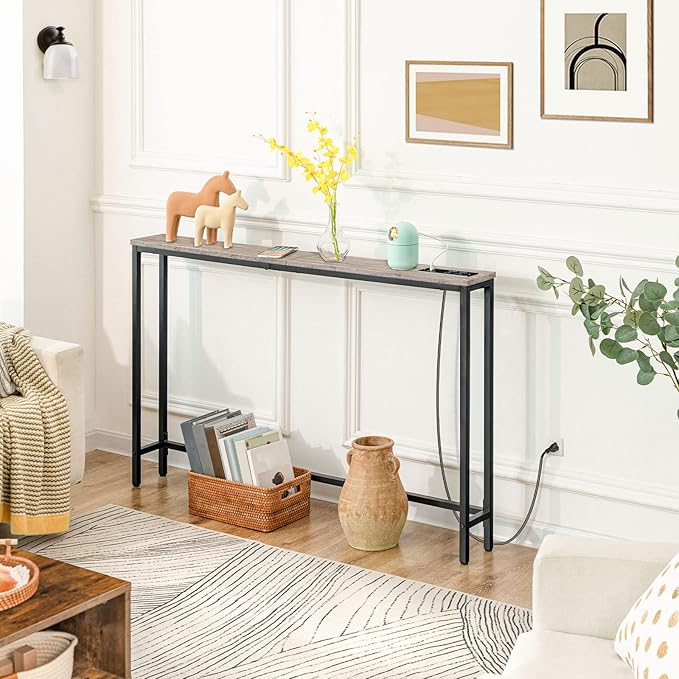 HOOBRO 47.2" Skinny Console Table with Power Outlets, 5.9" Behind Couch Table with Charging Station, Narrow Sofa Table, Long Entryway Table for Living Room, Hallway, Foyer, Greige BG15XG01G1