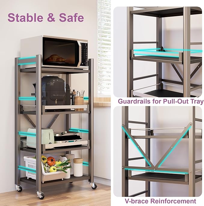 4-Tier Pull Out Kitchen Baker's Rack with Wheels, Heavy Duty Metal Microwave Stand with Storage, Adjustable Ktichen Shelves Freestanding, Rolling Utility Storage Cart (23.6''W x 49.2''H)