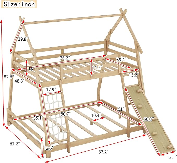 Twin Over Queen House Bunk Bed with Climbing Nets and Climbing Ramp for Kids Teens Boys Girls,Solid Wood Bunk Bed Frame with Safety Guardrails,Playful Design,Natural