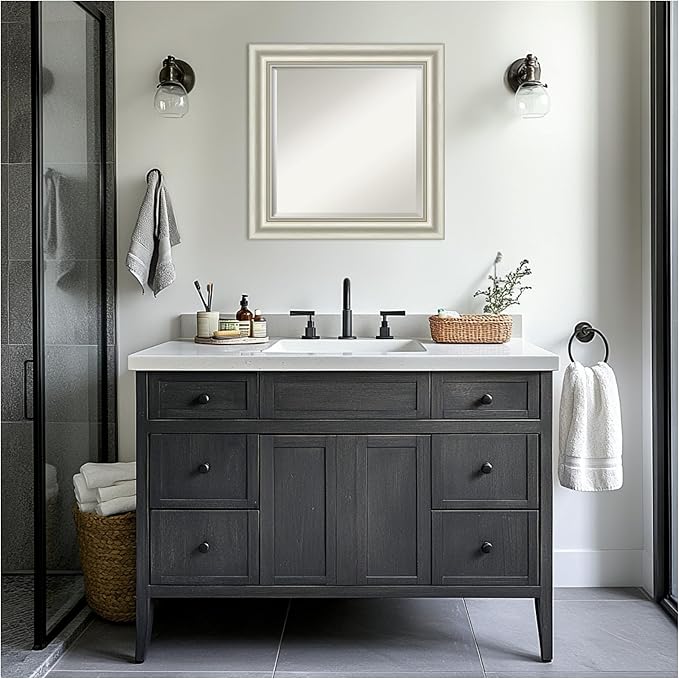 Amanti Art Bathroom Mirror for Over Sink, 26x26 Sophia Silver Square Vanity Mirror, Medium Traditional Frame, Hangs Horizonally and Vertically, Bathroom Wall Decor, Beveled Edge