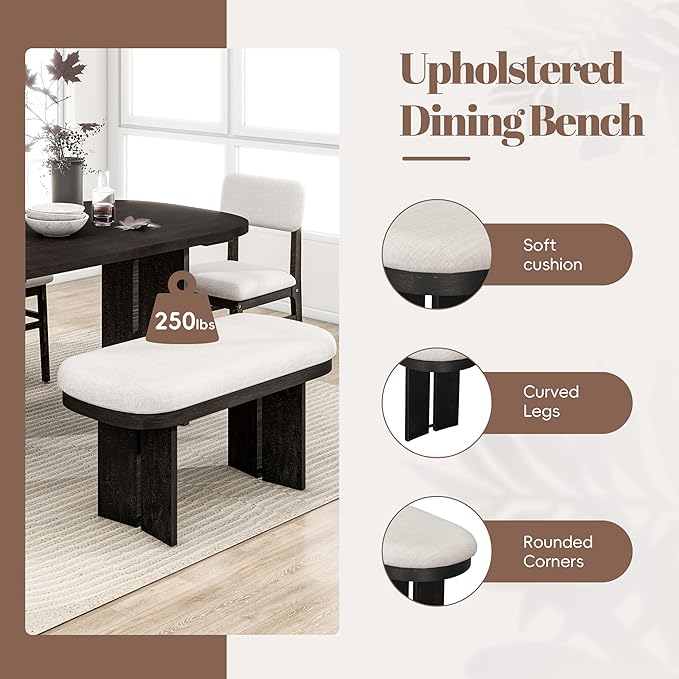 Ball & Cast Wood Dining Table Set with Bench,6-Piece Upholstered Rectangular Set w/ 4 Upholstered Chairs,Curved Profiles Kitchen Furniture Suitable Big Family Gatherings,Espresso