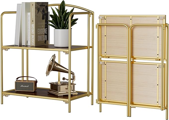 Crofy No Assembly Folding Bookshelf for Living Room, 2 Tier Gold Collapsible Book Shelf for Home Office, Portable Bookcase Storage Organizer