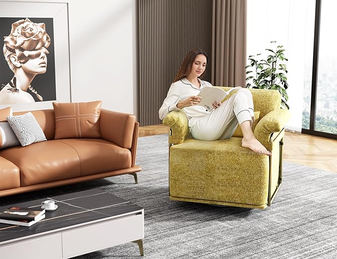 KEIKI Modern Comfy Swivel Accent Reading Chair with Waist Pillows, 360°Square Upholstered Barrel Armchair Single Club Lounge Sofa Chairs for Living Room,Bedroom,Office,Yellow