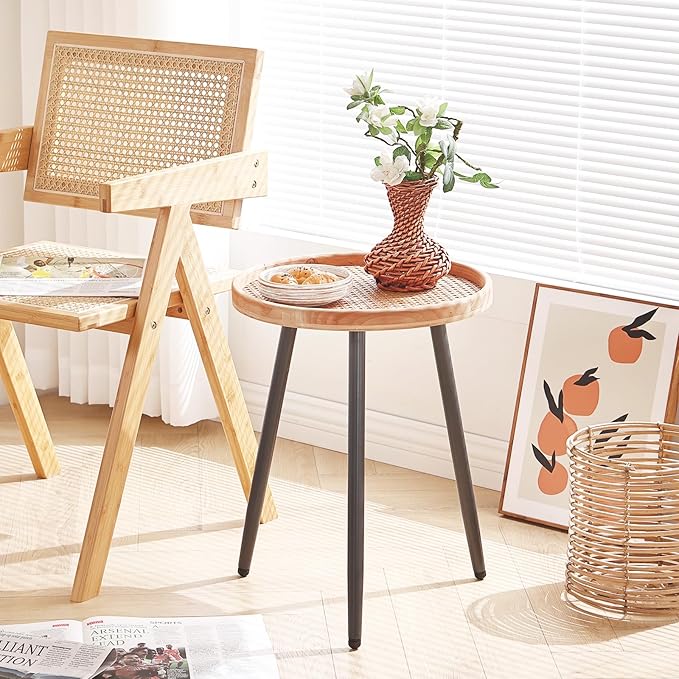 LITA Rattan Log Desktop Round Side End Table, Nightstand/Small Tables, Indoor Outdoor Wooden Tray Table with Metal Stand End Table for Living Room Bedroom Office Small Spaces