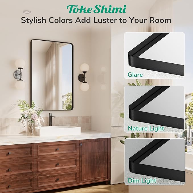 TokeShimi 16x20 Matte Black Bathroom Mirror,Vanity Mirror Bathroom Wall with Tempered Glass,Modern Metal Framed Mirror with Seamless Aluminum Frame(Horizontal/Vertical)