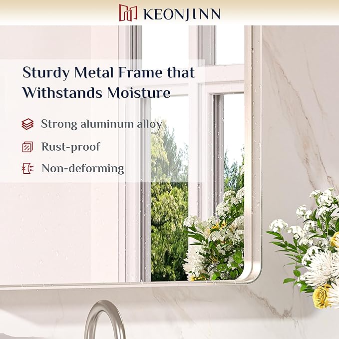 Keonjinn Brushed Nickel Mirror 24” x 36” Silver Bathroom Mirror for Over Sink, Rounded Rectangle Farmhouse Vanity Mirror with Metal Frame, HD Tempered Glass Decorative Wall Mirror(Horizontal/Vertical)