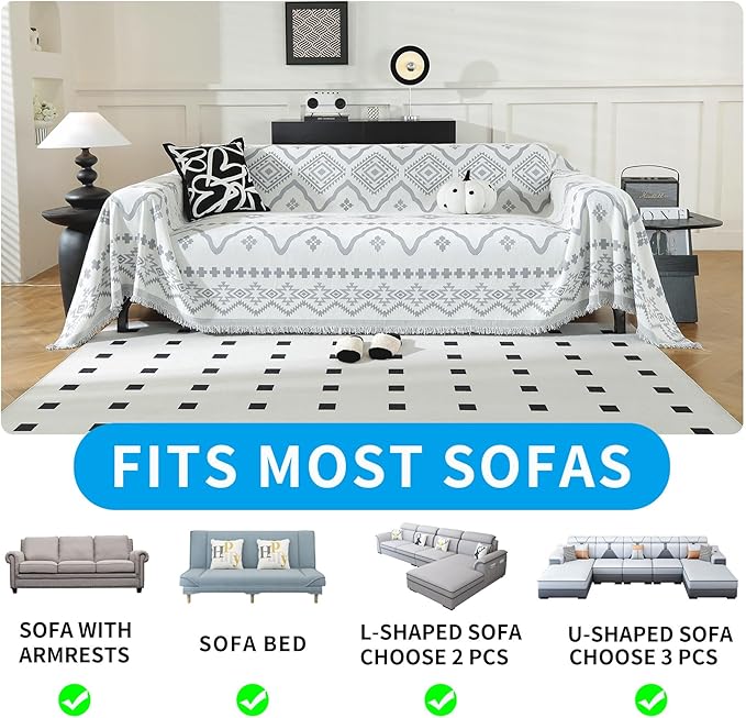 LUFEIJIASHI Boho Couch Covers for Sofa Non Slip Sofa Covers Washable Couch Covers for 3 Cushion Couch Sofa Pet Friendly Sectional Couch Cover Blanket Furniture Protector for Dogs (Grey, 91"x150")