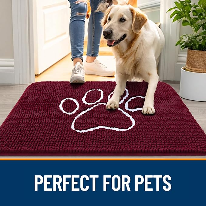 OLANLY Door Mat for Muddy Dog Paws 24x16, Ultra Absorbent Chenille Mud Doormat with Paw Print Design, Non-Slip Washable Doormat for Indoor Entryway, Quick-Dry Pet Bed Mats for Dirty Dogs, Burgundy