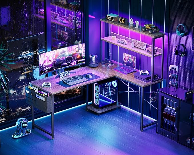 AODK L Shaped Desk Gaming Desk with LED Light & Power Outlet, 53 Inch Reversible L Shaped Computer Table with Shelf & Storage Bag & Hook for Home Office, Grey Oak