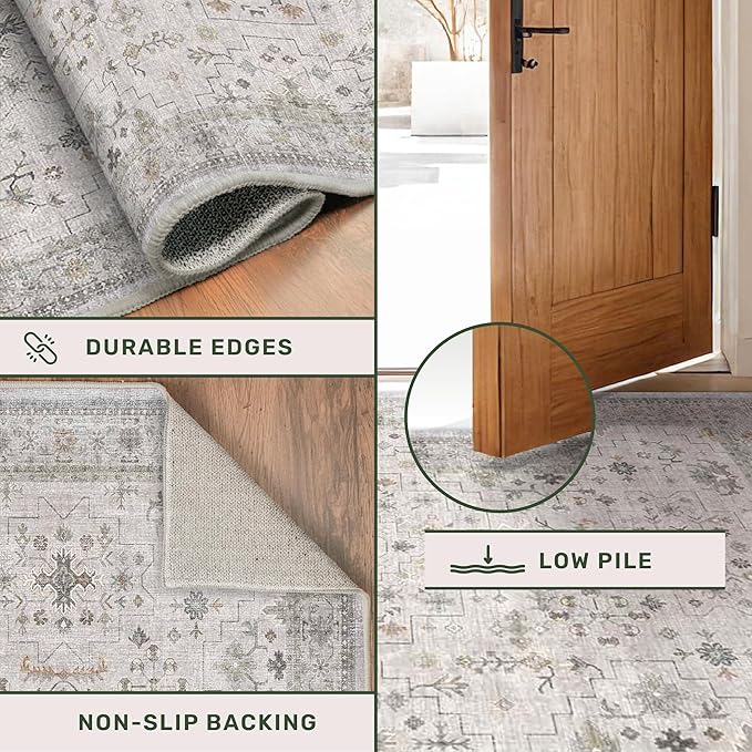 Light Grey Boho Bathroom Rug 2x3 - Modern Vintage Eclectic Floral Pastel Neutral Taupe, Washable Low Pile Non-Slip Small Throw Area Rugs for Entryway Door Mat Indoor Entrance, Kitchen
