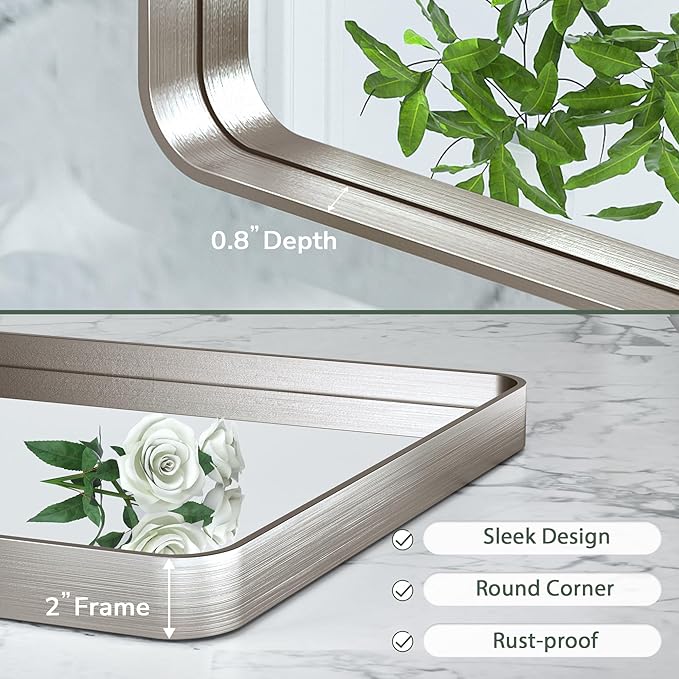 TokeShimi 72x36 Brushed Nickel Bathroom Wall Mirror Vanity Metal Frame Round Corner Rectangular for Home Decor Living Room Entryway