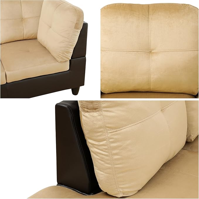 L Shaped Sectional Sofa with Ottoman, Color Blocking Flannel Leather Right Facing Modern Couches for Living Room, Bedroom, Office, Ginger Leather