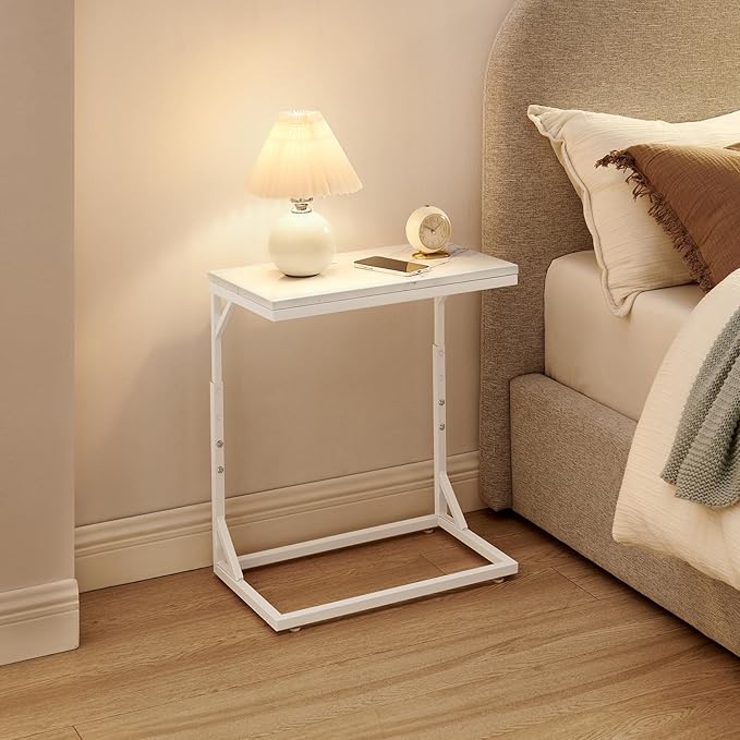 C-Shaped End Table, Small Sofa Table with Metal Frame, Adjustable Height Side Table for Couch, Living Room, Bedroom, Bedside (White, Medium)