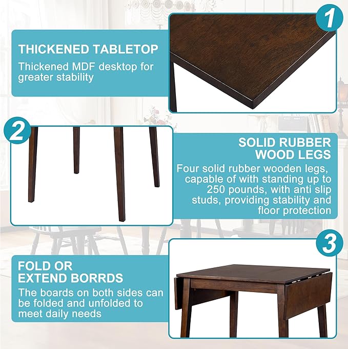 29"- 45" Extendable Dining Table for 2-4, Folding Square Dinner Table Small Kitchen Dining Room Tables with Wood Legs for Small Space, Kitchen, Living Room, Dark Brown