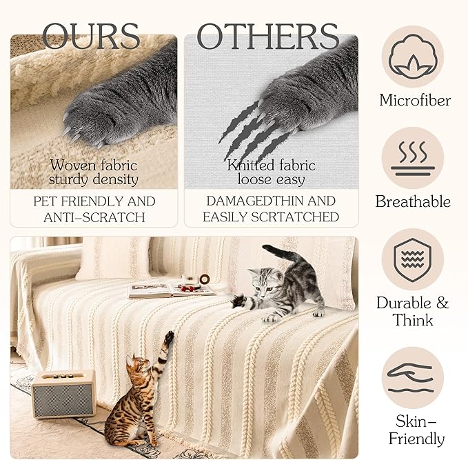 Couch Cover for Dogs Washable Sofa Cover, Sectional Couch Covers, Sofa Covers for 2 Cushion Couch, Non Slip Stripe Sofa Slipcovers Furniture Protector, Couch Protector from Cat Claws, Beige,75''x118''