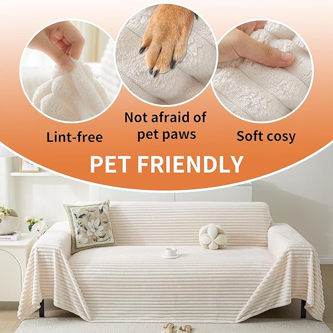HAOMAIJIA Faux Fur Sofa Covers Couch Covers for 3 Cushion Couch Sofa Pet Friendly Soft Non Slip Couch Cover for Dogs Washable Sectional Couch Covers L Shape Furniture Protector (Off White, 71"x150")