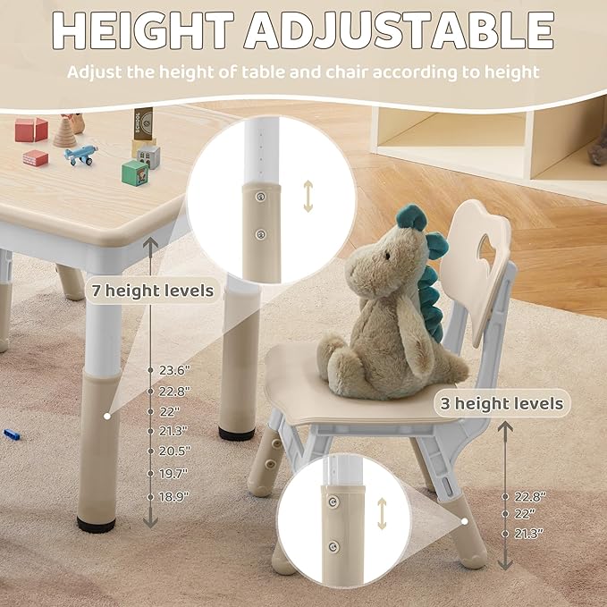 Adjustable Kids Table & Chairs Set for Ages 3-8 | 31.5"x23.6" Easy-Clean Activity Table | Meets ASTM/CPSC Standards for Daycare, Homeschool & Playroom (Natural-Wood, 4 Chairs)