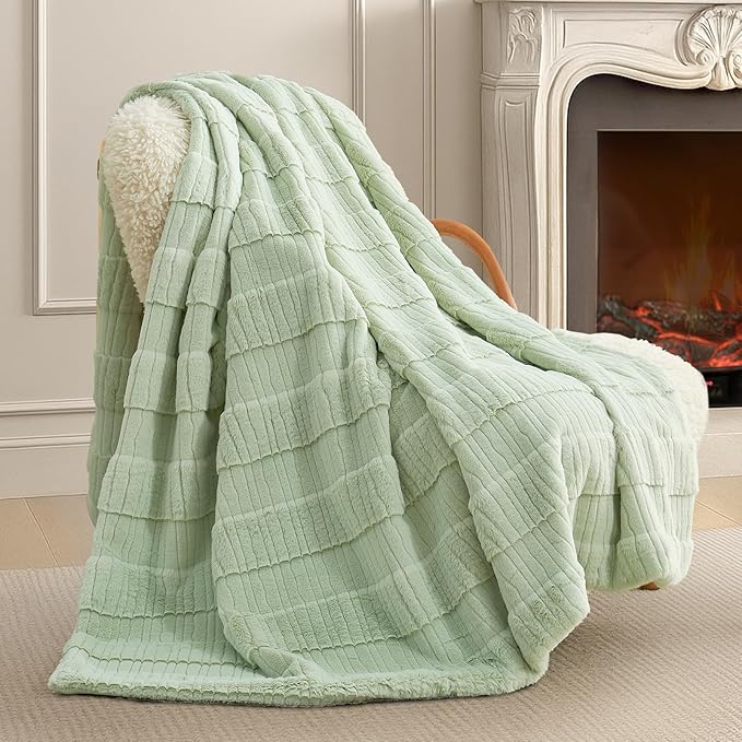 Amélie Home Luxury Striped Faux Fur Throw Blanket for Couch, Embossed Split Fur Cozy Fuzzy Fluffy Luxurious Soft Plush Sofa Chair Bed Gift Blankets for Women Men Wife Friend, 88"x90", Sage Green