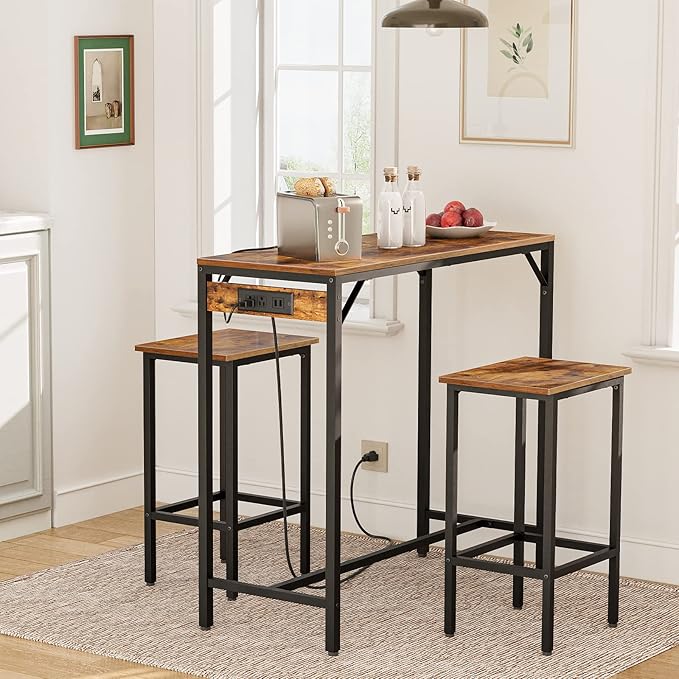 HOOBRO Bar Table and Chairs Set, 39.4" Dining Table Set with Power Outlet, 3-Piece Pub Table Set, Kitchen Bar Height Table with Stools of 2, Space Saving for Living Room, Rustic Brown BF45UBT01