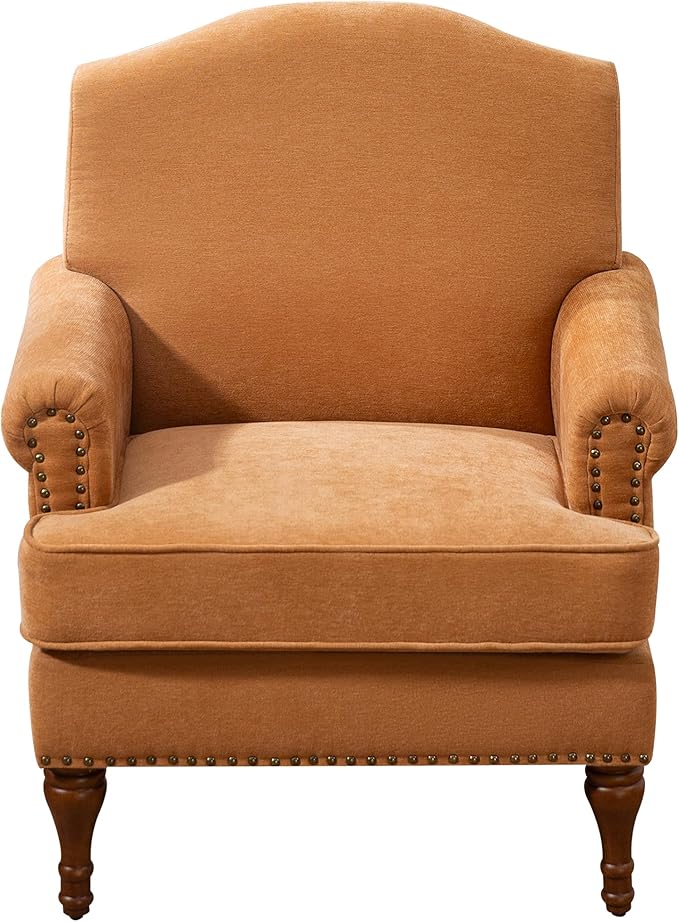 Ball & Cast Accent Chair with Nailhead Trim Armchair,Comfy Chenille Club Sofa Living Room Chairs w/Springs Cushions & Wood Legs,Traditional Single Couch for Bedroom,Farmhouse,Orange