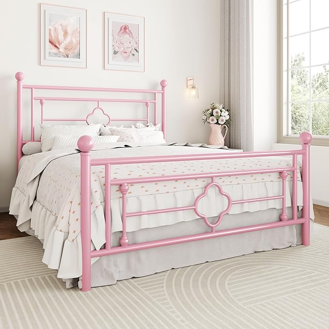 SHA CERLIN 14 Inches Queen Size Metal Platform Bed Frame/Vintage Iron-Art Headboard and Footboard/Mattress Foundation for Storage/No Box Spring Needed/Noise-Free/Easy Assembly/Pink