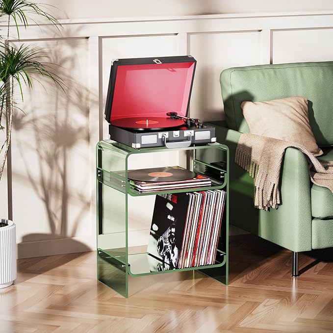 Acrylic Record Player Table with Storage Shelf, Clear Side Table Nightstand (Green)