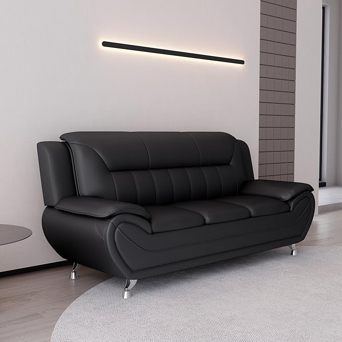 Container Furniture Direct Michael Modern Faux Leather Upholstered Stainless Steel Legs Living Room Sofa, Loveseat, Midnight