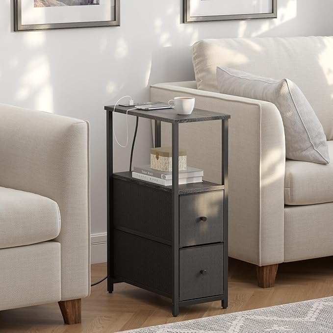 TUTOTAK Small Narrow End Table with Charging Station, Set of 2, Side Table with Outlets, Nightstand with 2 Cloth Drawers, Couch Table, for Living Room, Bedroom, Bedside, Charcoal Grey TB01BY055