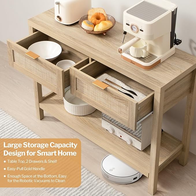 SICOTAS Rattan Console Table for Entryway - Boho Entryway Table with Storage and Drawers, Small Entry Tables for Hallway Behind Couch Table Sofa Table