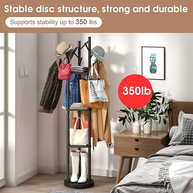FILWH Bamboo Coat Rack Rotary Freestanding with Shelf Coat Tree Stand for Hallway Entryway with 9 Hooks and 3 Storage Shelves (Black)