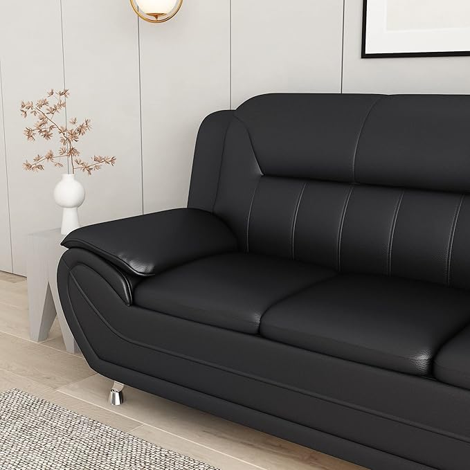 Container Furniture Direct Michael Modern Faux Leather Upholstered Stainless Steel Legs Living Room, Chair, Loveseat, Sofa, Black