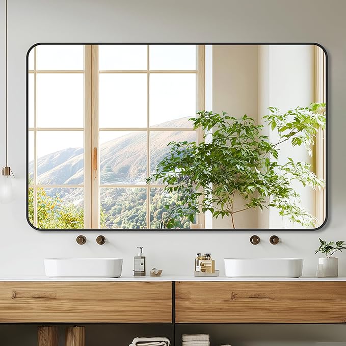 Bathroom Mirror 48" x 30", Large Rectangle Wall Mirror, Black Metal Frame Wall Mounted Mirrors for Bathroom, Vanity, Bedroom, Entryway Decor(Horizontal/Vertical)