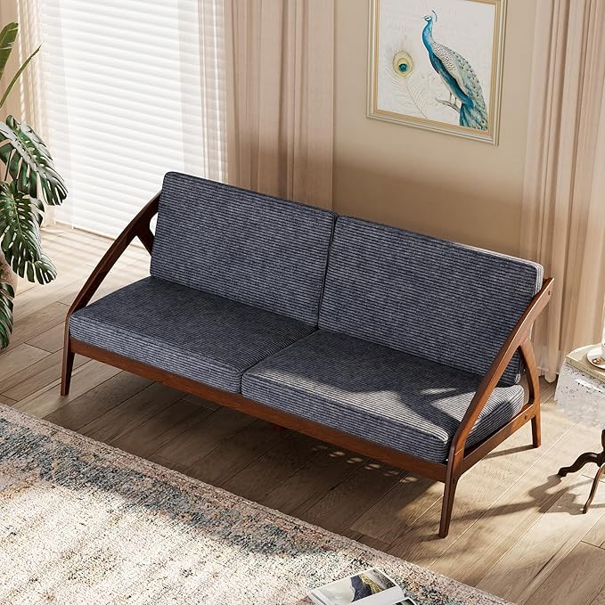 73.4" Solid Wood Upholstered Sofa, Comfortable Seat Cushion, White Waxwood Full Solid Wood Frame, Removable Cover, Suitable for Bedroom and Living Room, Easy to Assemble, Office Sofa