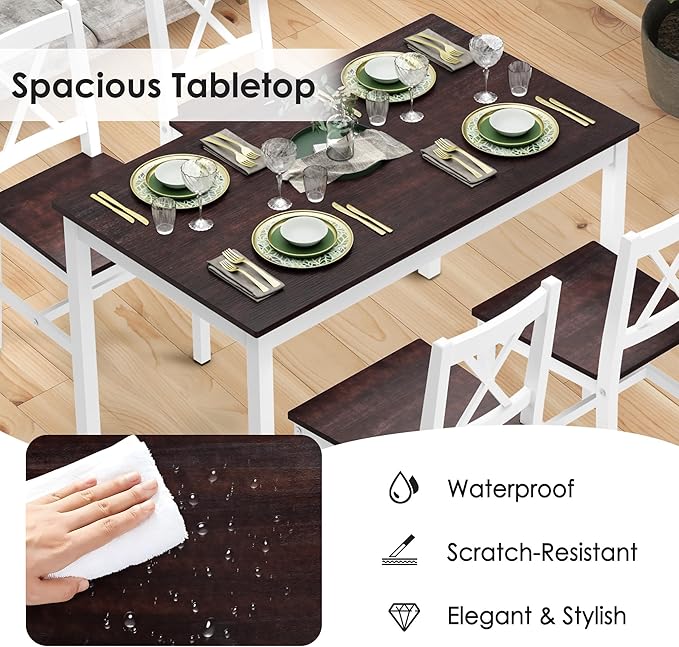 soges Kitchen Dining Table Chairs Set for 4, 42.5 inch Pine Wood Dining Room Table with 4 Chairs, 5-Piece Kitchen Table Chairs Set for Small Space, Apartment, Dinette, Breakfast, Walnut & White