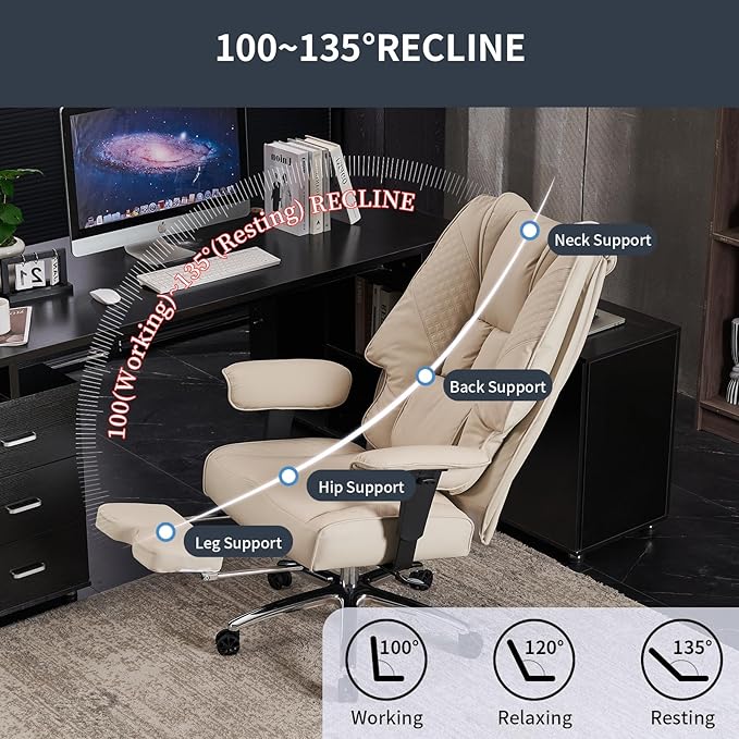 Big and Tall Office Chair 400lbs Wide Seat, Leather High Back Executive Office Chair with Foot Rest, Ergonomic Chairs Lumbar Support for Lower Back Pain Relief (Beige)