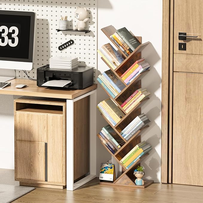 10 Tier Tree Book Shelf, Floor Standing Wood Bookshelf for Narrow Space, Storage Organizer Bookshelves for Books/CDs/Magazine, Bookcase with Shelves for Home Office, Living Room - Brown