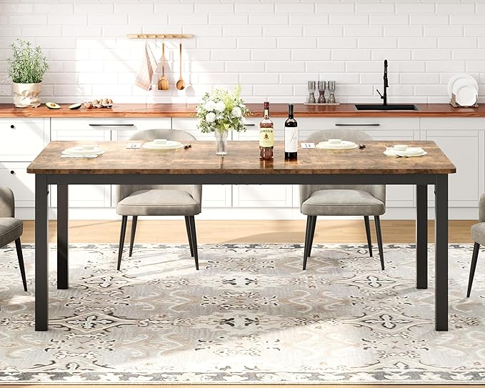 GarveeHome 70.8in Industrial Dining Table for 6, Wooden Long Dinner Table with Mortise Tenon Design, Kitchen Table with Sturdy Metal Legs, for Dining Room Home Office Living Room, Retro