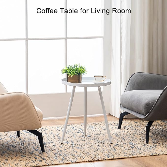 Apicizon 16" Round Side Table, White End Table for Living Room, Bedside, Mid Century Modern Coffee Table or Circle Accent Table for Small Spaces, Metal Nightstand (White)