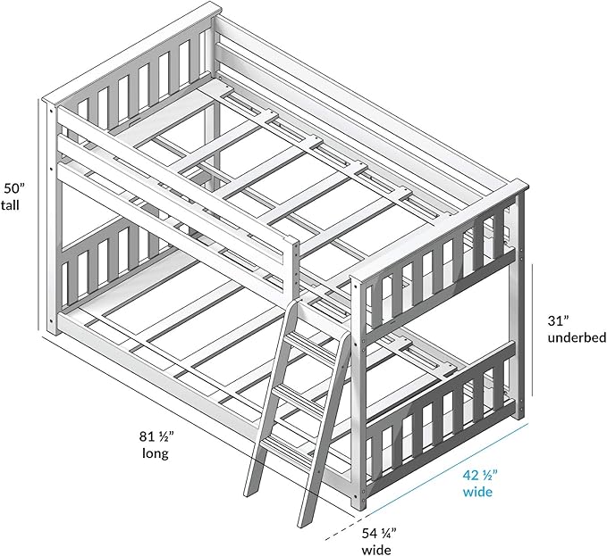 Max & Lily Twin Over Twin Low Bunk Bed with Ladder, Wooden Bunk beds with 14” Safety Guardrail for Kids,Toddlers, Boys, Girls, Teens, Bedroom Furniture, Grey