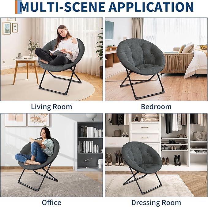 Saucer Chair, XL Foldable Lounge Chair for Bedroom/Dorm, Plush Comfy Seat with Non-Slip Base for Teens & Adults, Faux Fur Accent Chair, Gray