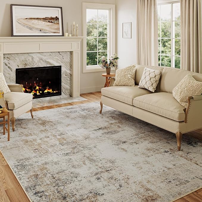10x12 Washable Area Rug Gold Grey Neutral Abstract Living Room Bedroom Large Throw Rug Non Slip Soft Low Pile Indoor Floor Carpet for Dining Room Kitchen Office Entryway